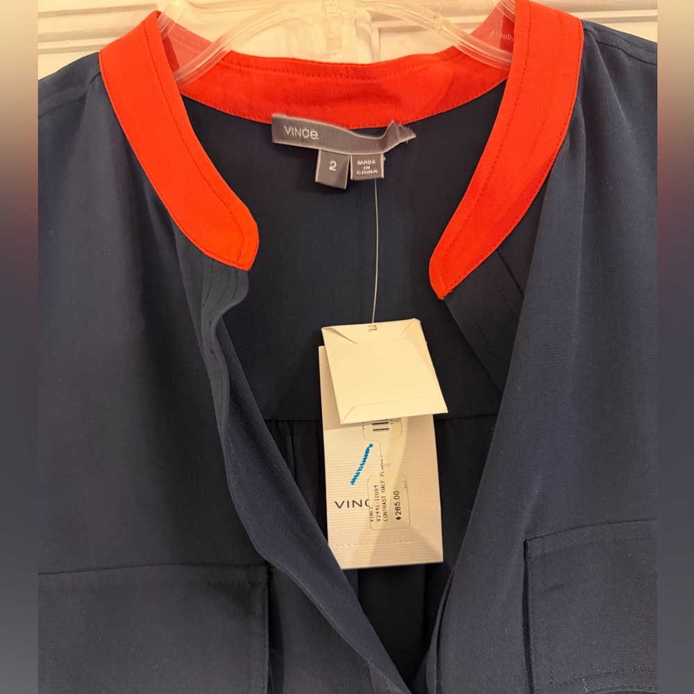 Vince NWT Navy Blue Long Sleeve 100% Silk Blouse Orange Trim Women's Size 2 - Picture 2 of 5